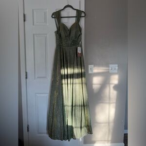 NWT Olive Green and Gold Shift Sparkle Off the Shoulder Gown